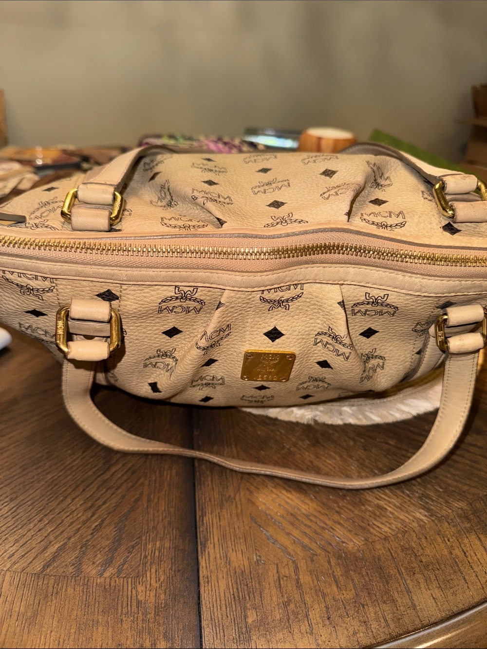 MCM Visetos Beige Monogram Shoulder Bag with Gold Hardware - Picture 10 of 14